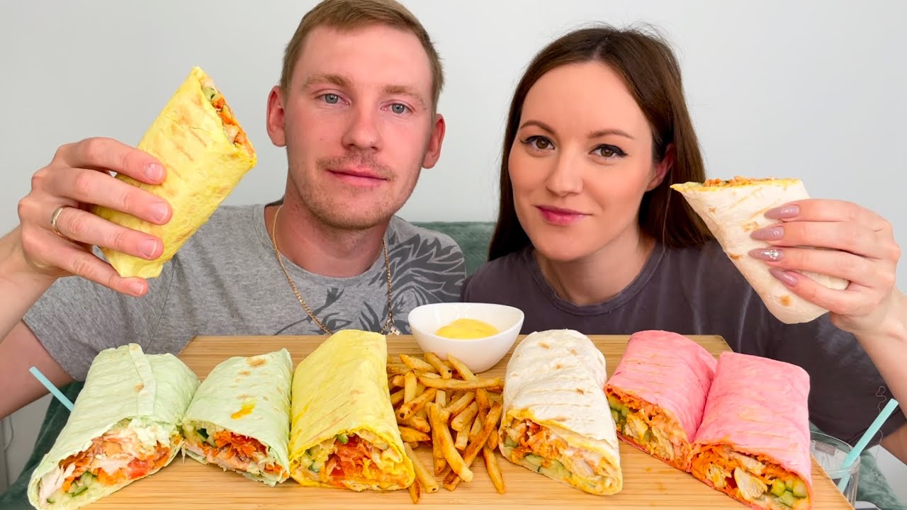 МУКБАНГ ШАУРМА С КУРИЦЕЙ В ЦВЕТНОМ ЛАВАШЕ ответы на вопросы MUKBANG SHAWARMA WITH CHICKEN IN COLORED