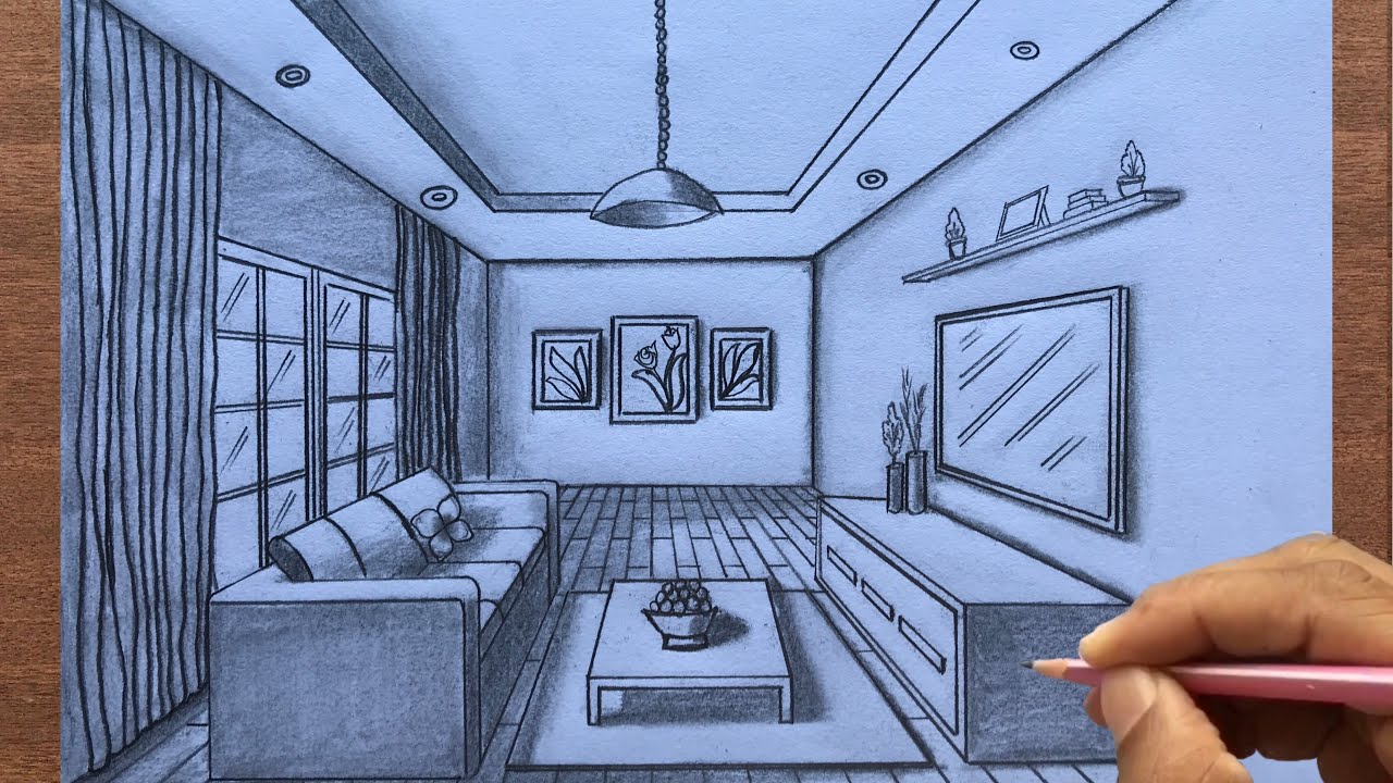 How to Draw a Living Room using 1-Point Perspective step by steps