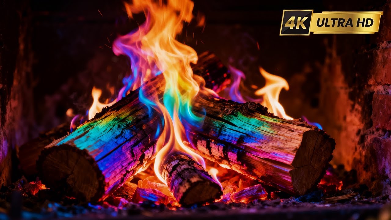 4K RAINBOW Fireplace Flames Ambience (12 HOURS NO MUSIC). Fireplace with Logs Crackling Fire Sounds!