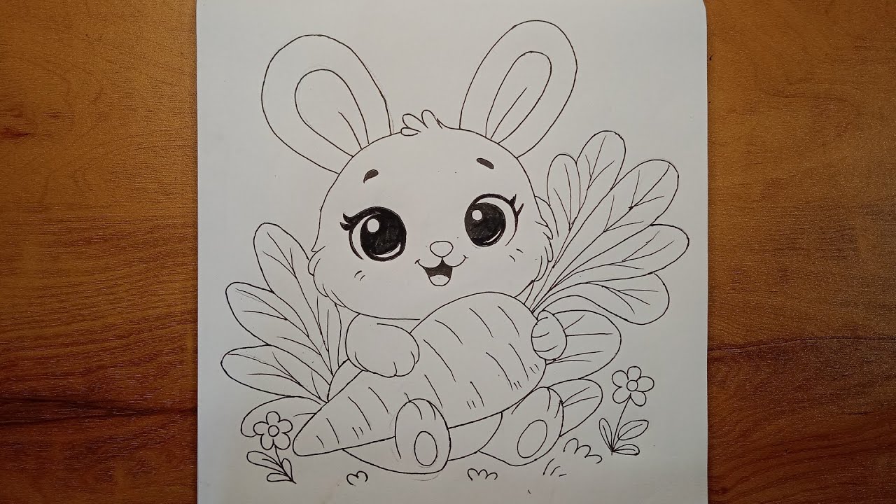 Rabbit Holding Carrot Cute Drawing | Easy Step-by-Step Pencil Sketch