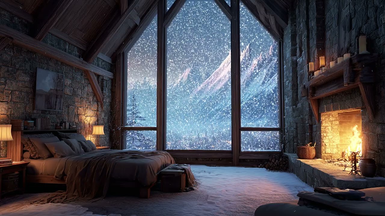 Winter Night Snow Ambience • Cozy Bedroom & Soft Fireplace ASMR for Deep Sleep Relaxation