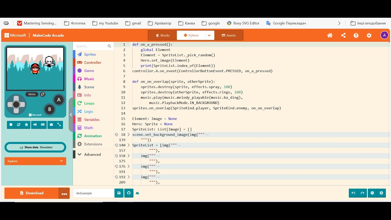 Python працюємо зі списками в Makecode Arcade Змінюємо вигляд персонажа та робимо обробку колізій