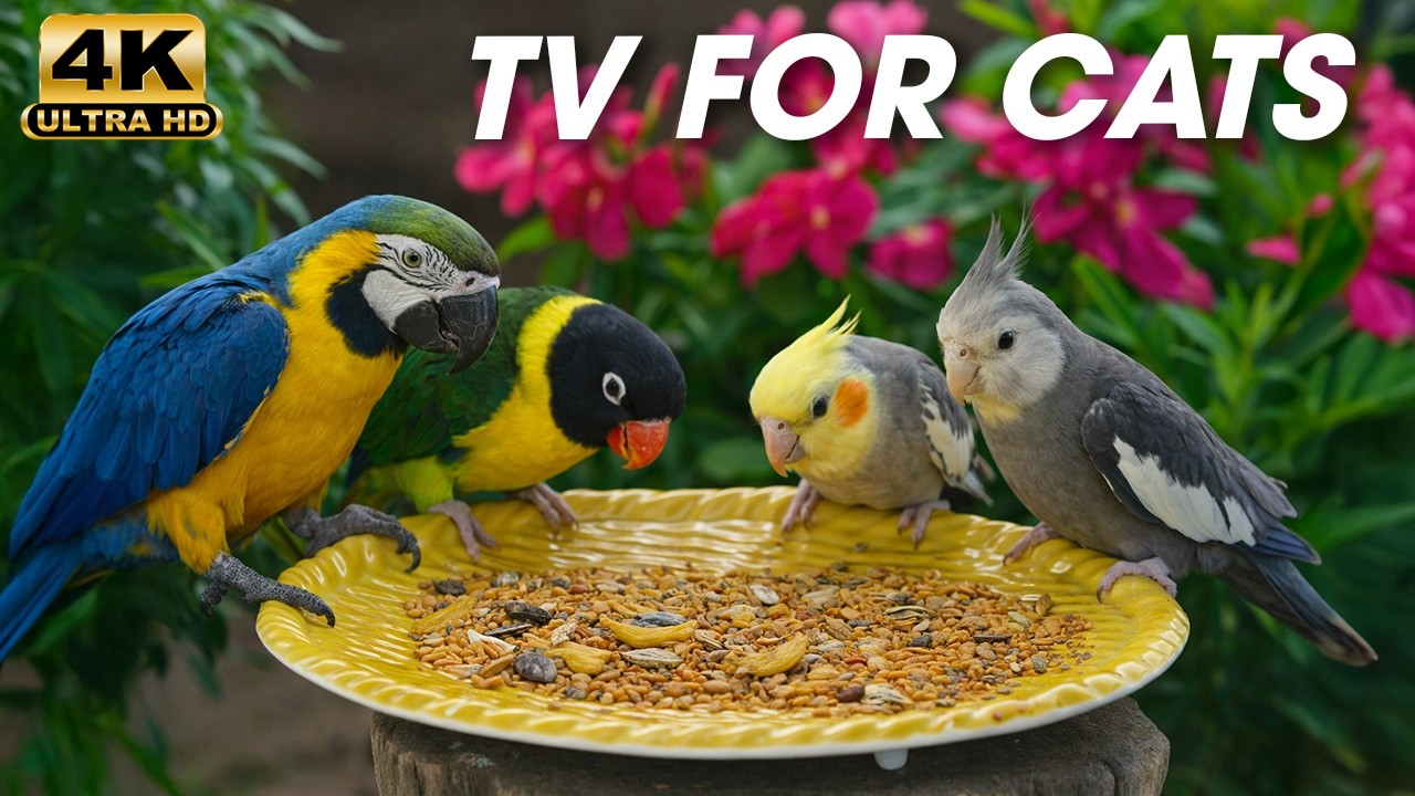 Cat TV 24h 🦜 Colorful Parrots & Cockatiel Feeding 🌸 | TV for Cats 4K Ultra HD #Birdwatching4k