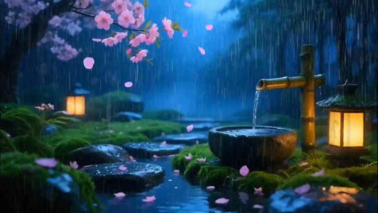 Quiet Night Rain and Soft Piano in a Zen Garden | Relax and Unwind