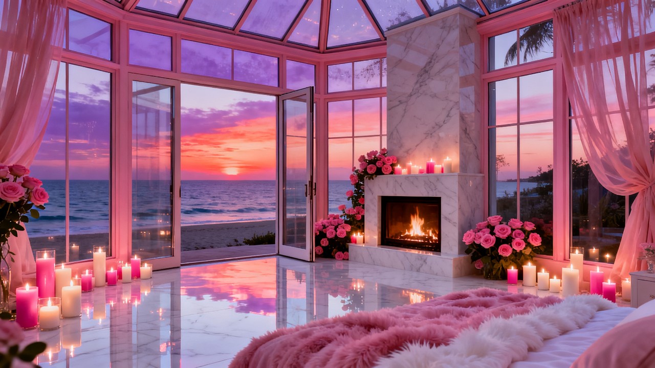 💗🌊 Pink Sunset Beach Room 💕 Cozy Fireplace, Ocean Waves & Soft Jazz Ambience
