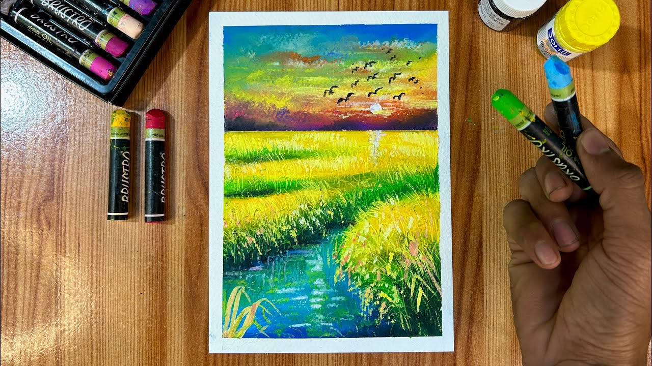 Simple Paddy Field Drawing with Oil Pastels || Relaxing Art Video🎨