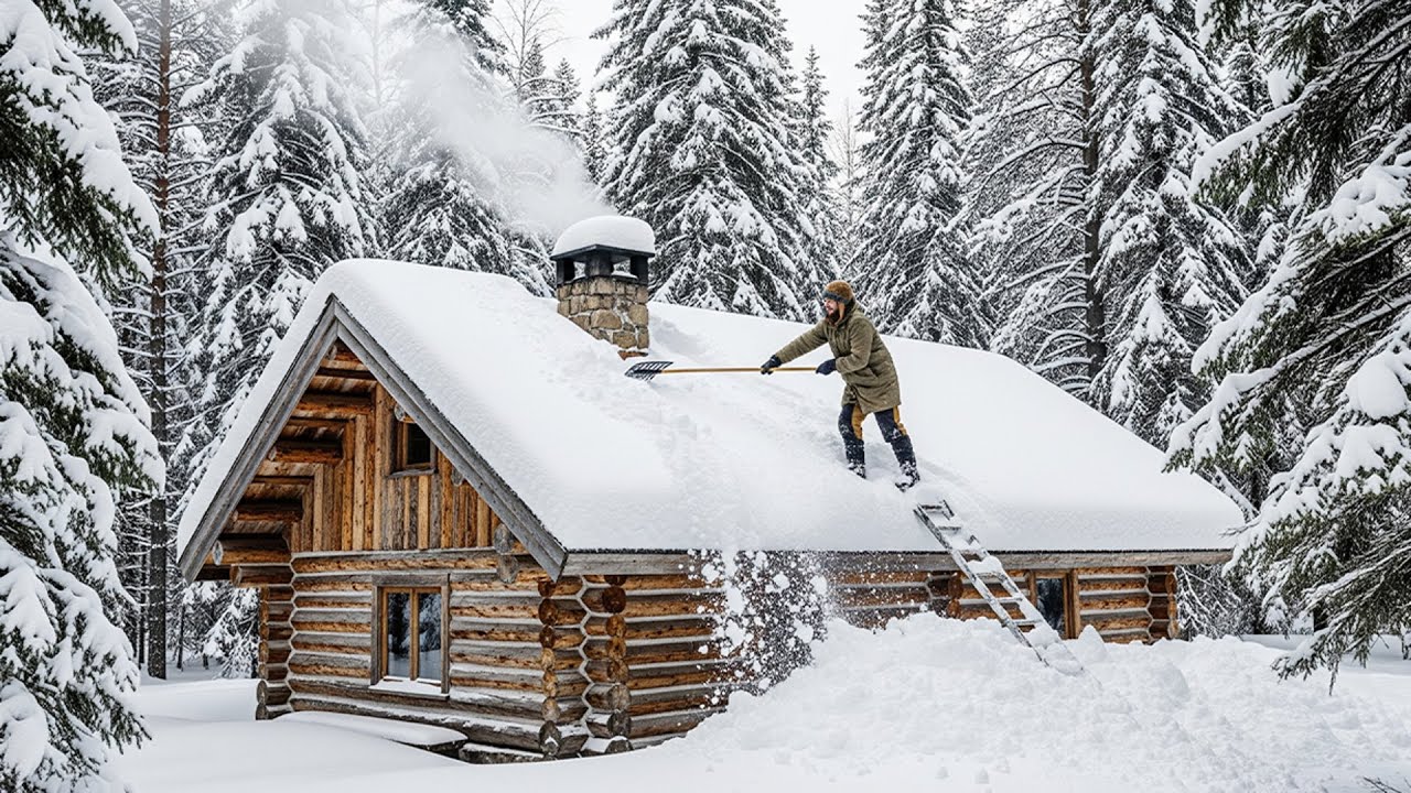 Clearing Heavy Snow Off My Log Cabin Roof - Winter Off Grid Life in the Forest