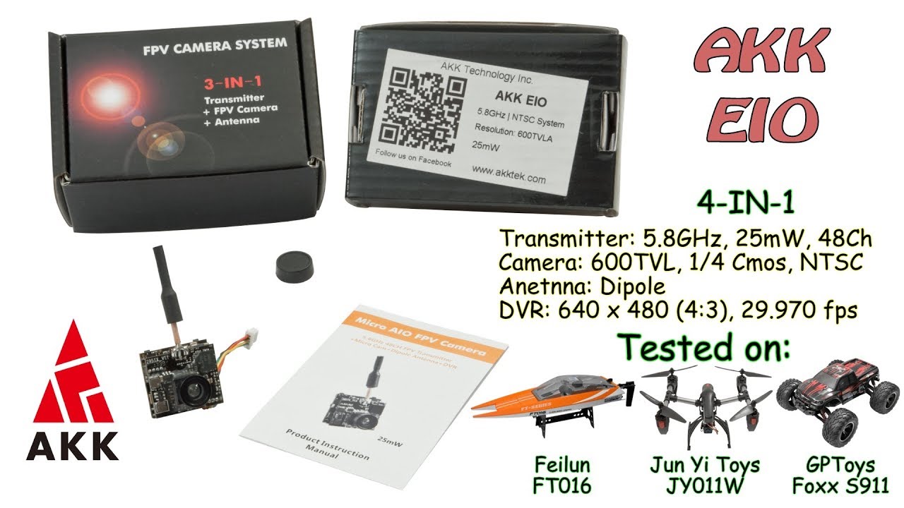 AKK EIO (4-IN-1) 5.8Ghz, 48Ch, 25mW - VTX, 600TVL, 1/4 Cmos - Camera, Dipole Antenna, DVR