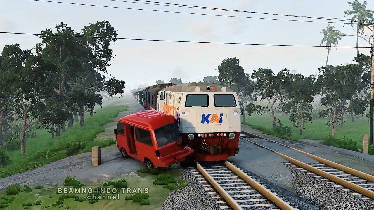 Ilustrasi mobil carry tertabrak KA Argo Semeru, di perlintasan tanpa palang pintu, game Beamng Drive