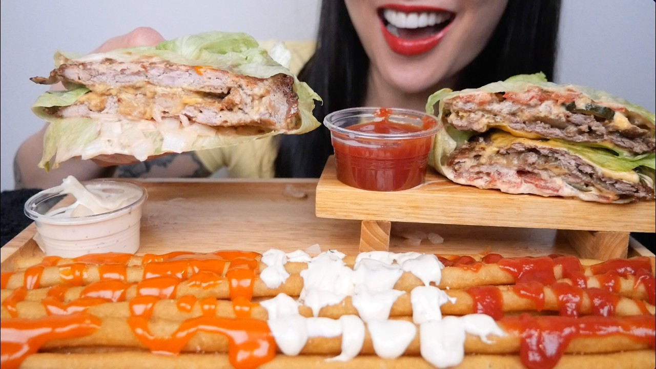 GIANT FRIES + PORK CHICKEN LETTUCE BURGER (ASMR EATING SOUNDS) NO TALKING | SAS-ASMR