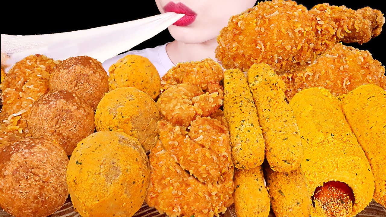 ASMR MUKBANG｜FRIED CHICKEN, CHEESE BALL, CHEESE STICK, CORN DOG, SHRIMP 카이막 치즈볼, 콰삭킹 치킨, 치즈스틱, 핫도그먹방