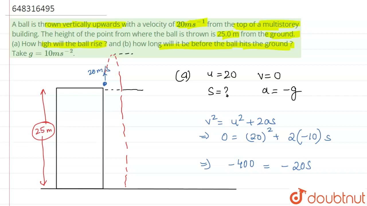 A ball is thrown vertically upwards with a velocity of 20 ms^(-1) from the top of a multistorey ...
