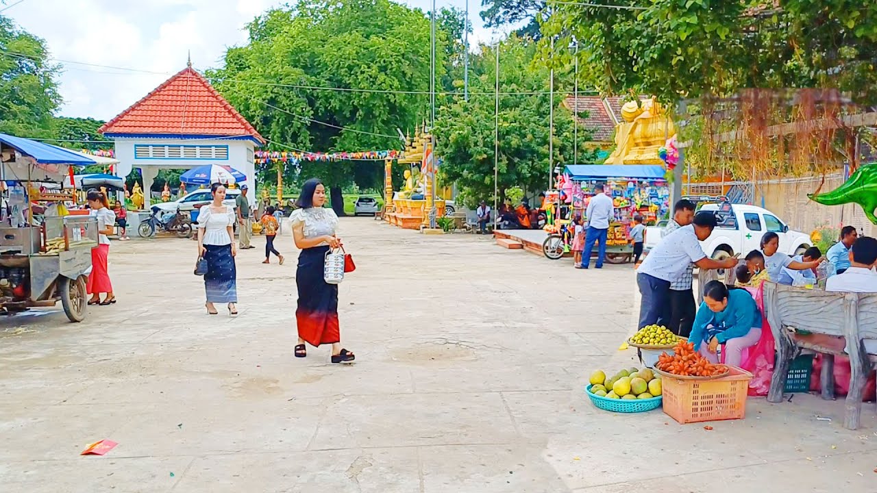 Street Food Tour in Kampong Speu Province, Cambodia Countryside Market, Pchum Ben at Pagoda
