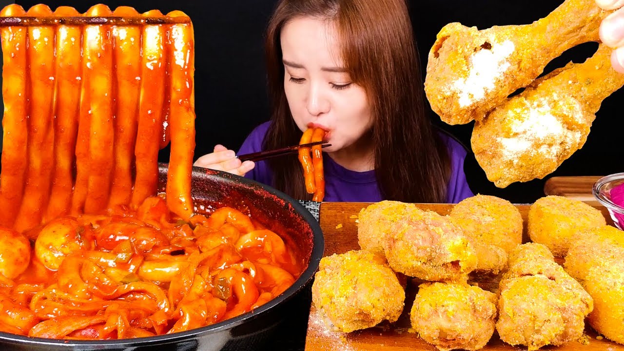 ASMR (приготовление) Tteokbokki (рисовый пирог), жареная курица (bburinkle), сырный шарик.