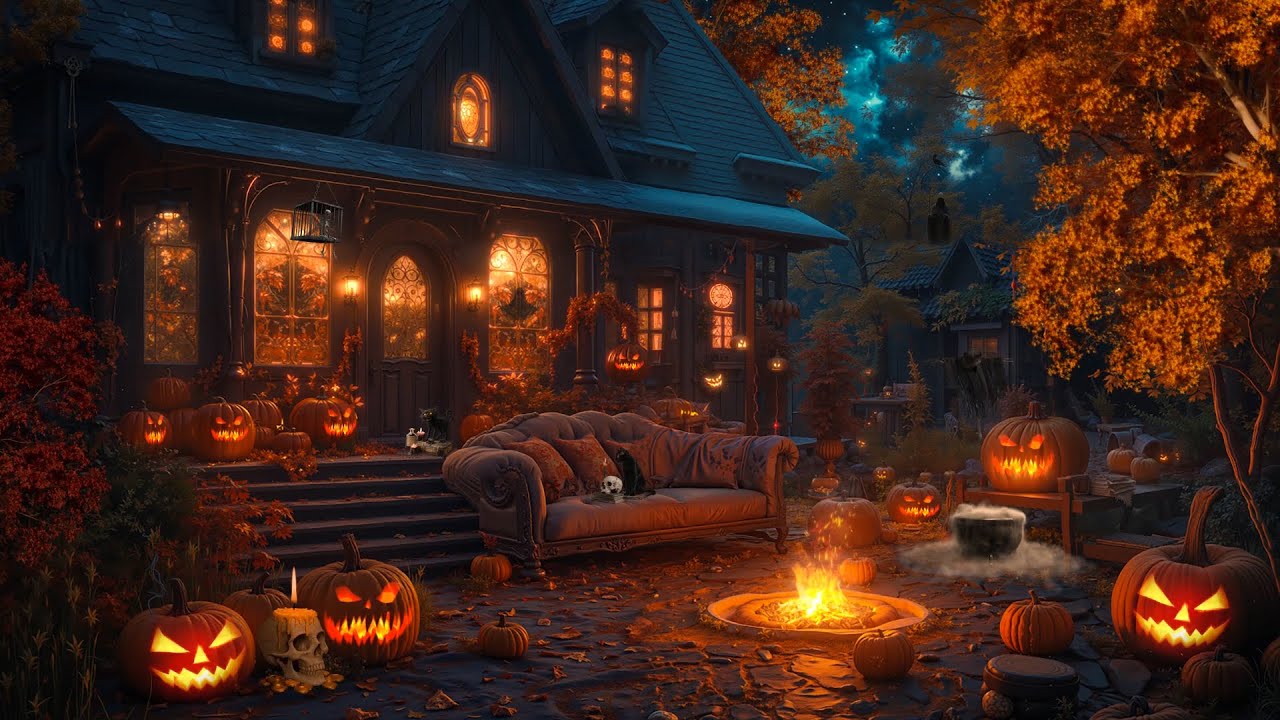 Autumn Haunted House on the Porch 🎃🌕 Soothing Fire, Crickets & Nature Sounds for Sleep