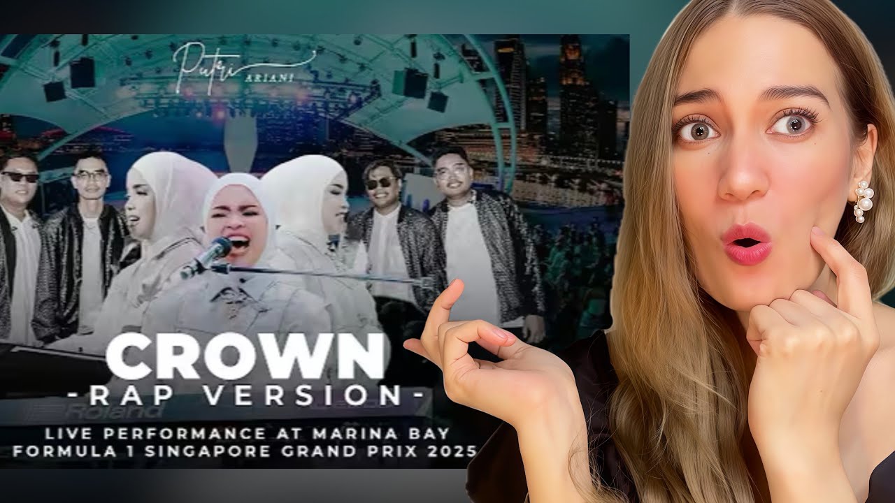 Реакция на живое исполнение Путри Ариани рэп-версии песни CROWN на этапе Формулы-1 в Марина-Бэй, ...