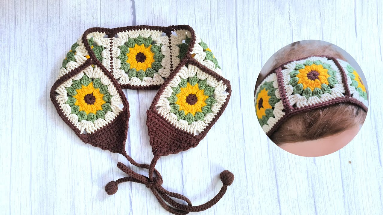 Crochet sunflower hairband, granny square hair band