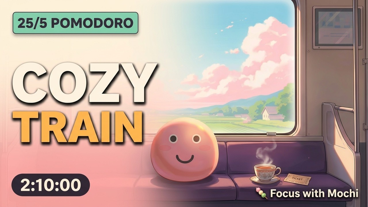 2 Hour Study Journey | 25min x 4 Pomodoro | Japanese Train Ambience with Lofi | Focus with Mochi
