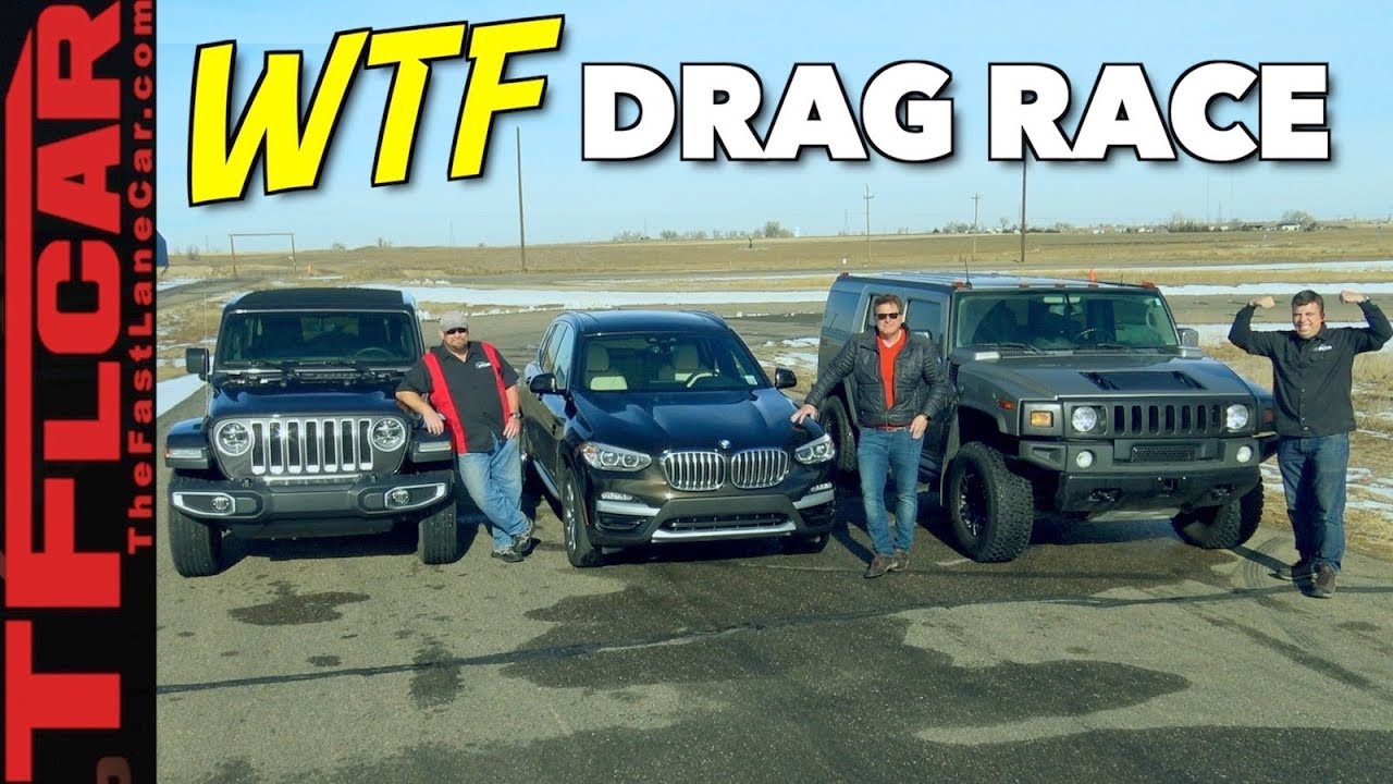 Not Even Close! 2018 Jeep Wrangler vs Hummer H2 vs BMW X3 Drag Race