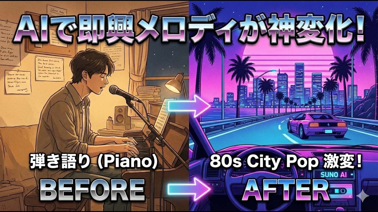 【神変化】即興の弾き語りをSUNO AIに入れたら、一瞬で極上の80sシティポップになった！