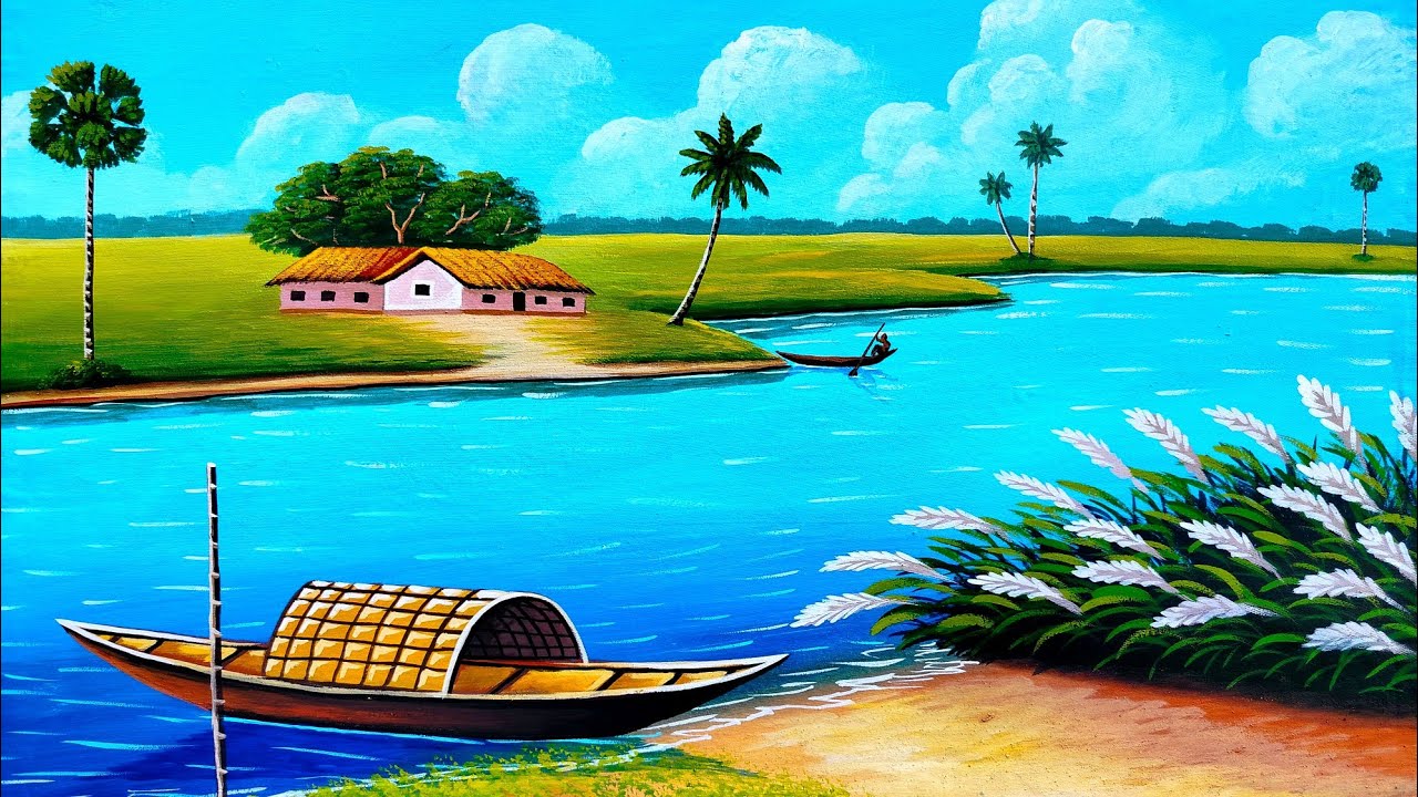 Very easy village landscape scenery painting | painting 587