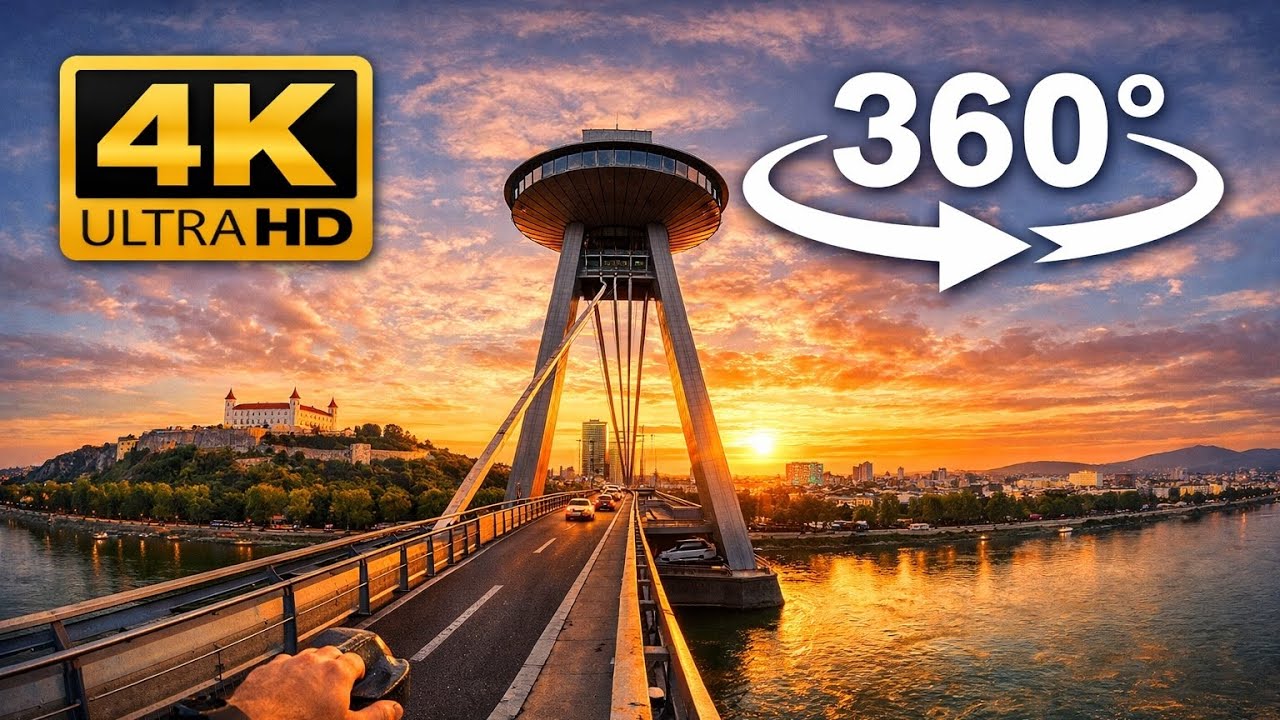 Bratislava 360° Walking Tour | Crossing SNP Bridge to UFO Tower | Virtual Travel 4K