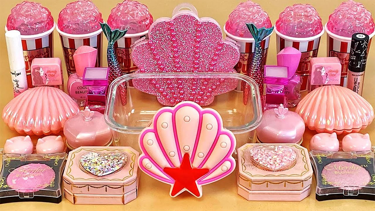 Pink SLIME 🩷 Mixing makeup and glitter into Clear Slime. ASMR Satisfying Slime Video.