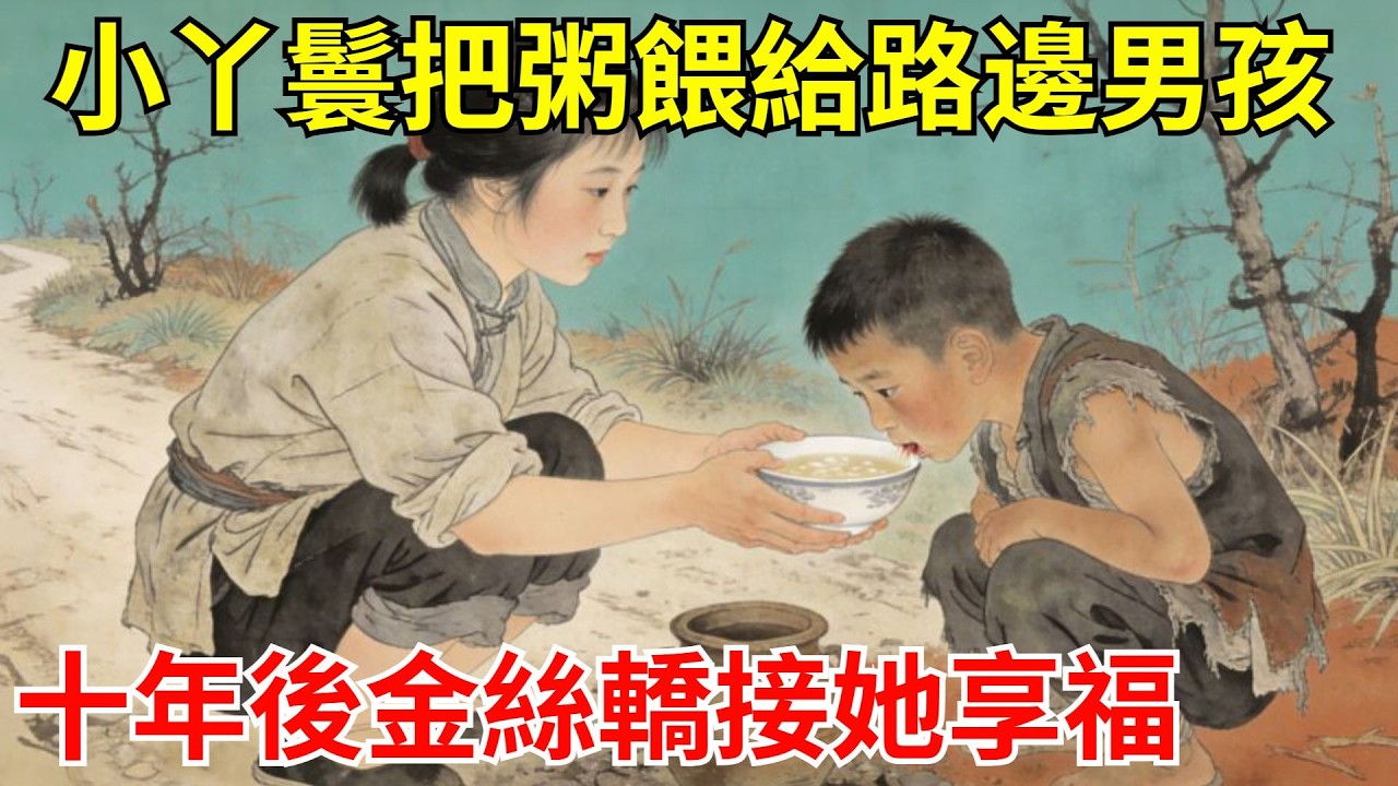 逃荒路上，小丫鬟把最後半碗粥餵給路邊男孩，自己暈倒溝邊。男孩攥她衣角：我若活命，定護你周全！十年後她淪為洗衣婦，一頂金絲轎停門前：少爺說，接恩人去享福！#故事頻道#聽書#民間故事#說書#善有善報#爽文