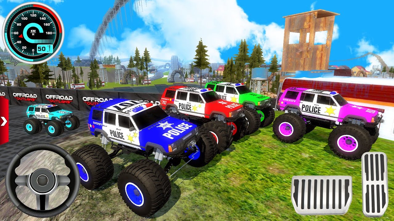 Juego de cinco camiones monstruo de la policía de salto alto | Five Players Gameplay.