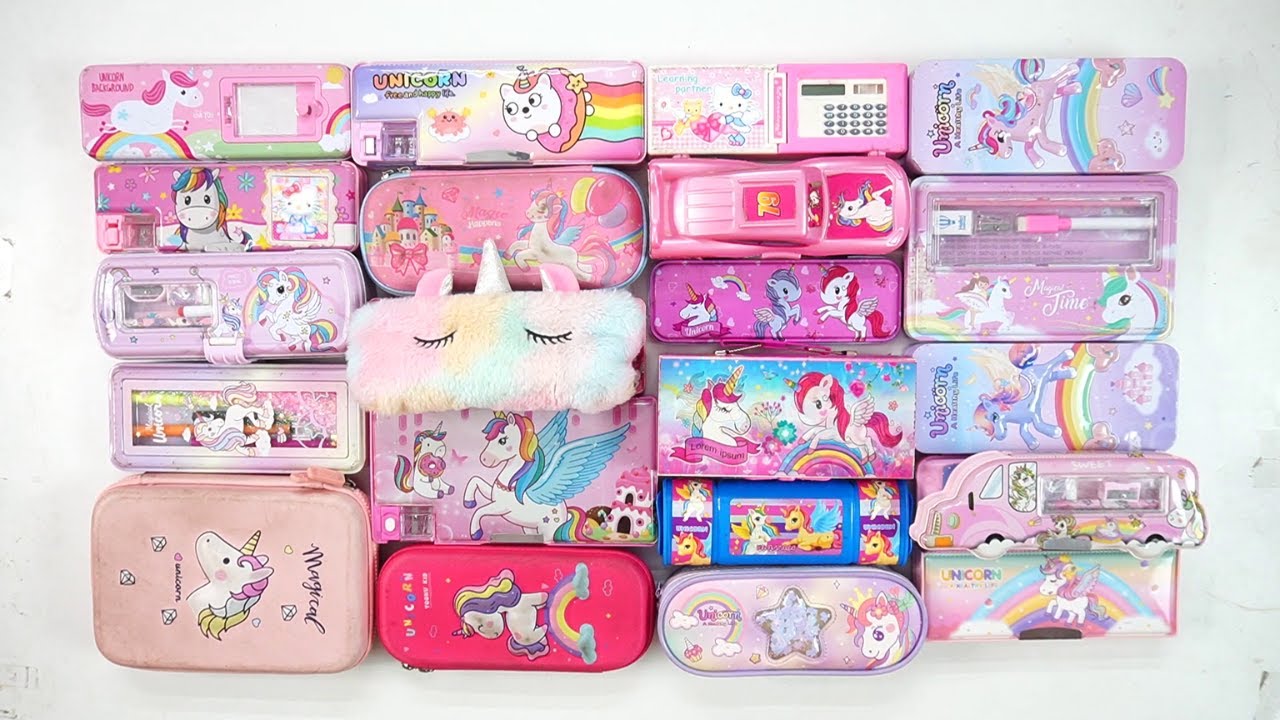 beautiful unicorn stationery collection 🥳 geometry, hello kitty, pencil box,sharpener,eraser,unicorn
