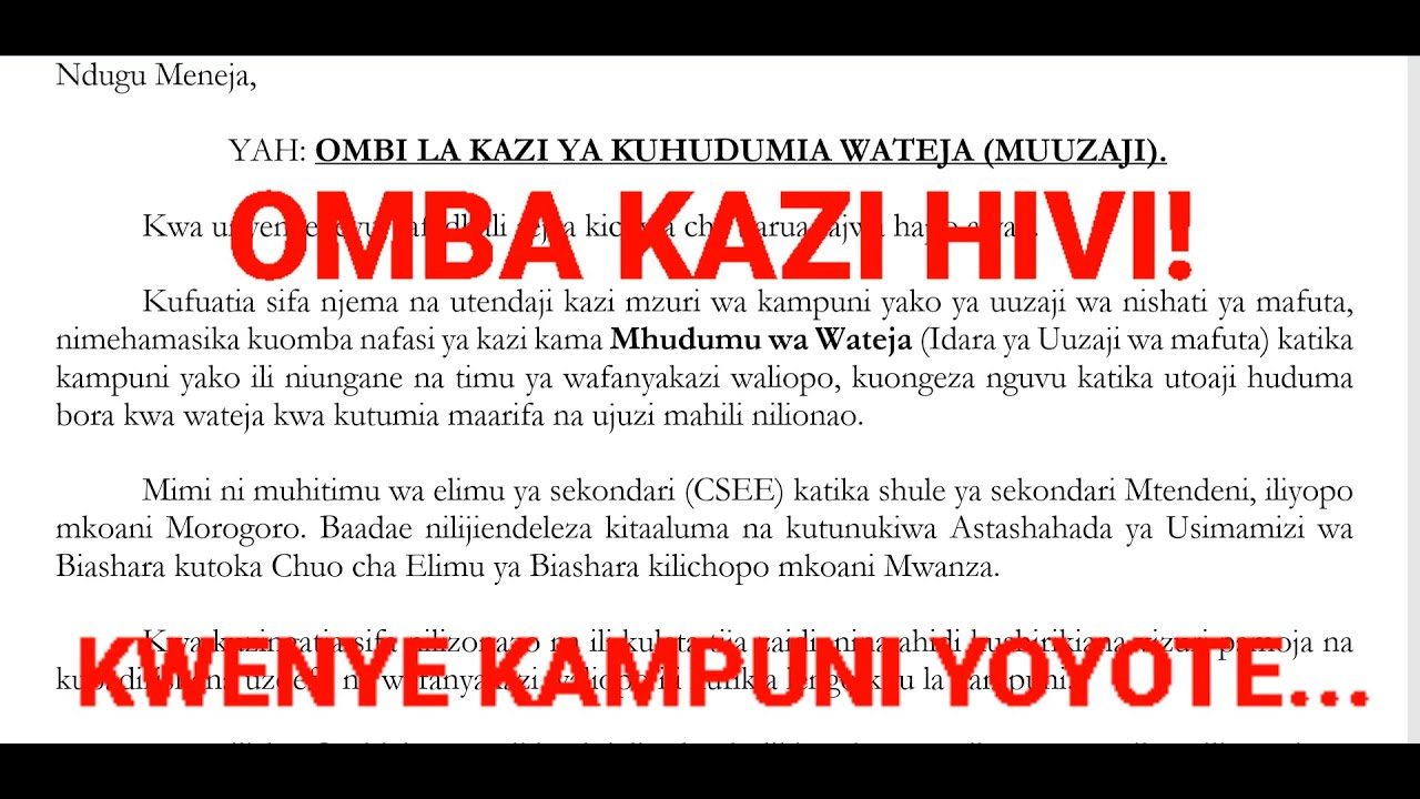 BARUA YA KUOMBA KAZI KWENYE KAMPUNI YOYOTE