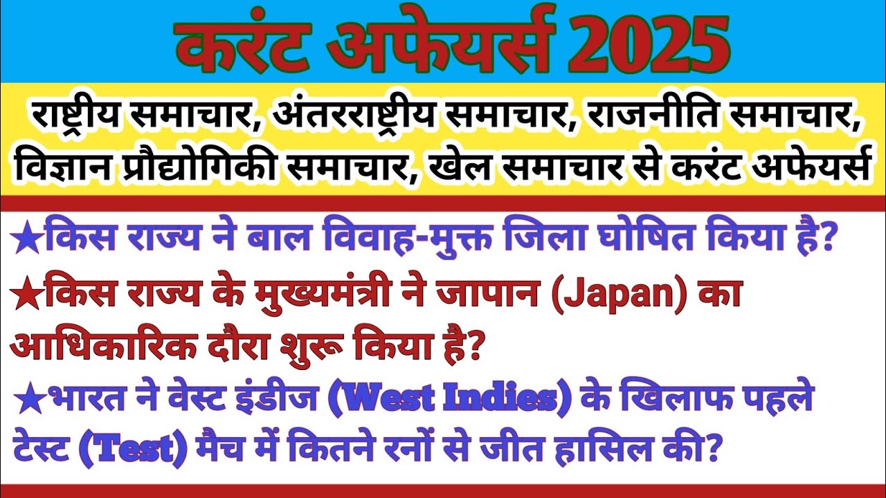 राष्ट्रीय अंतराष्ट्रीय राजनीति विज्ञान प्रौद्योगिकी खेल समाचार से करंट अफेयर्स के प्रश्न 2025