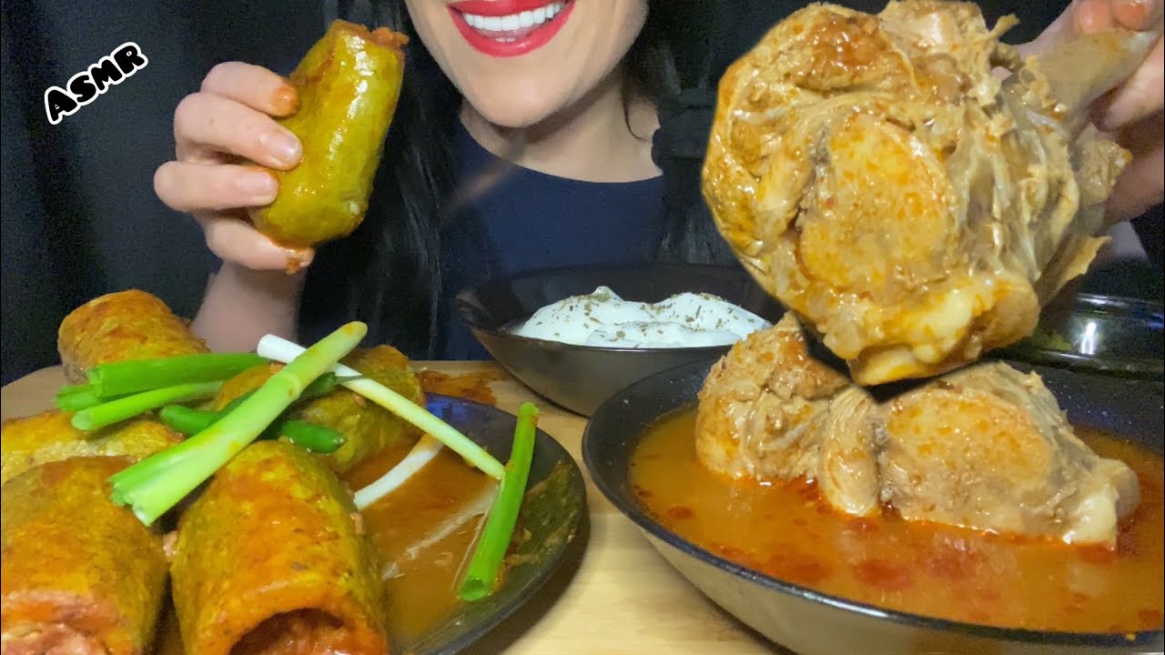 asmr mukbang stuffed zukkini | lamb shank | Cooking & Eastingافطار محشي كوسا مع موزه الخروف