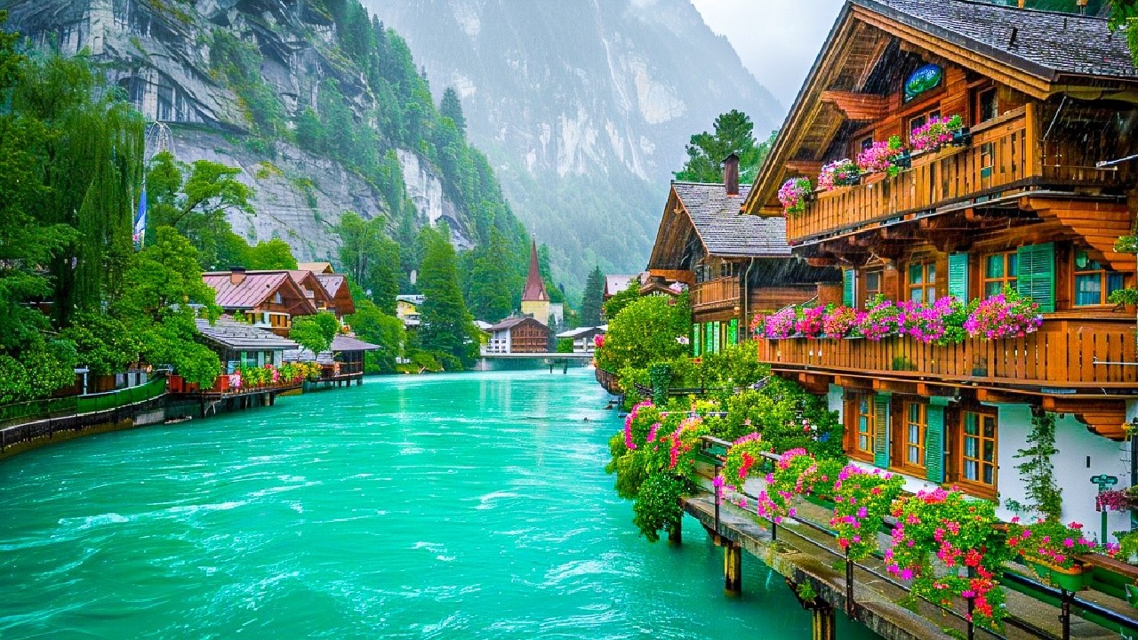 Интерлакен, Швейцария🇨🇭 Прогулка под дождем 🌧️