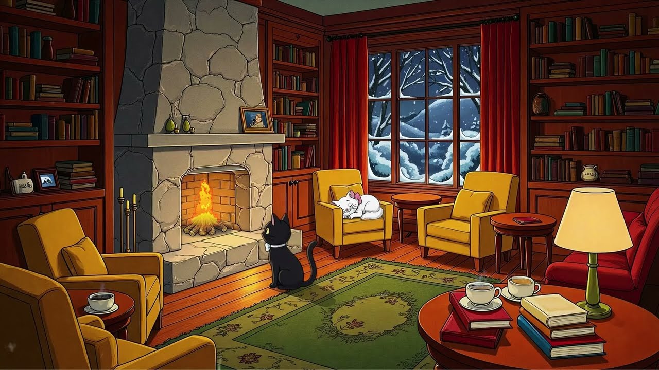 1940s Soft Oldies Playing In Another Room On A Peaceful Snowy Night With Fire And Snow Sounds