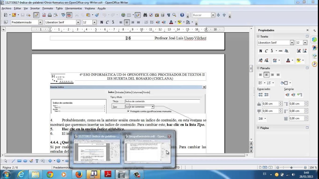 Indice alfabetico con writer OpenOffice Informatica Academia Usero Estepona