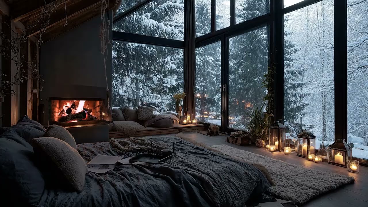 Cozy Night Ambience for Anxiety Relief with Gentle Snow Wind and Soothing Fireplace Sounds