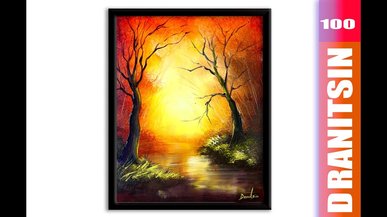 Trees in Bright Glowing Sunset | Oval Brush Art | Acrylics | Easy for Beginners
