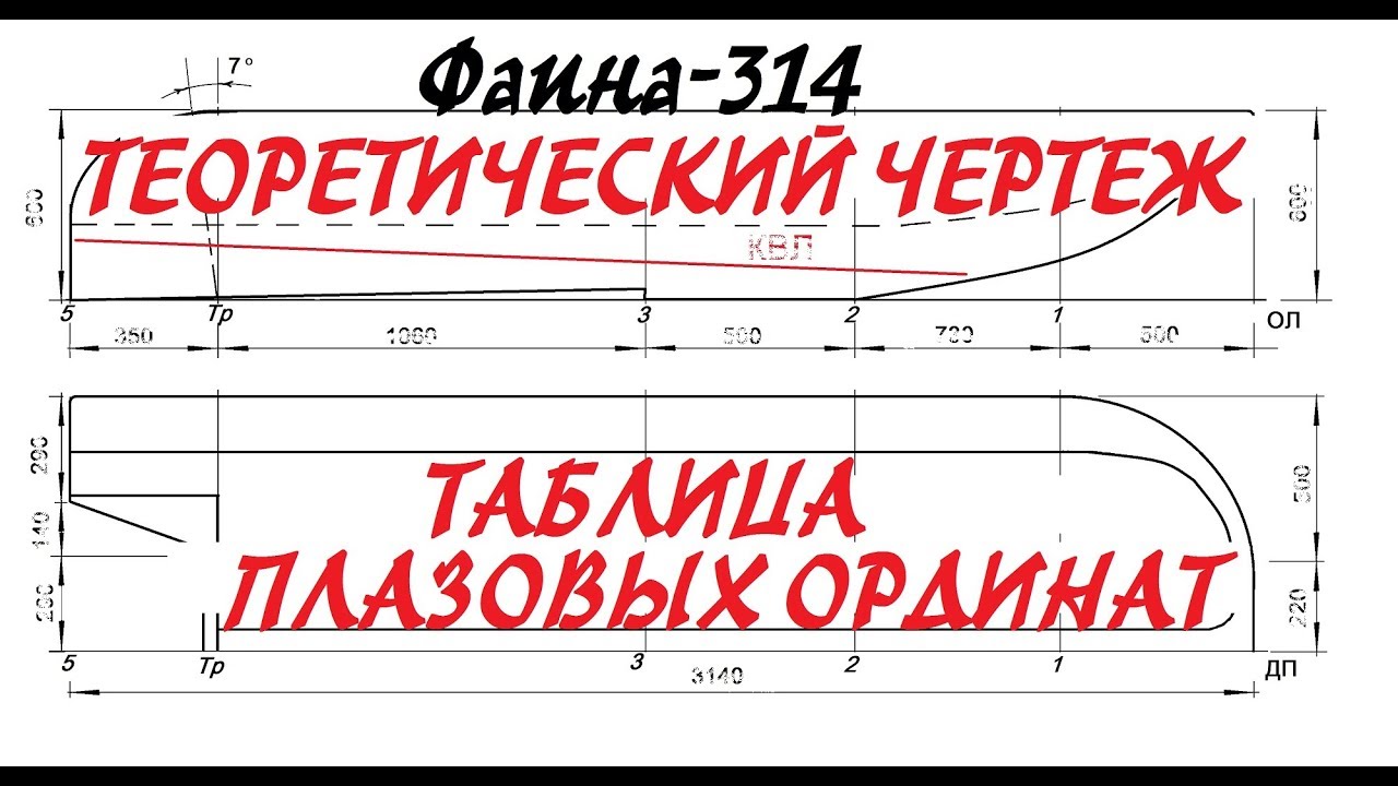 Теоретический чертеж и таблица плазовых ординат. Моторная лодка Фаина314
