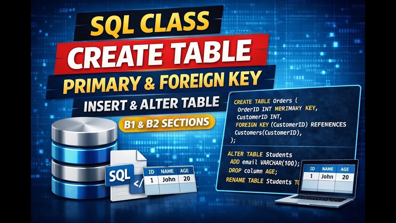 SQL Class | CREATE TABLE with Primary & Foreign Key | INSERT & ALTER TABLE | B1 & B2