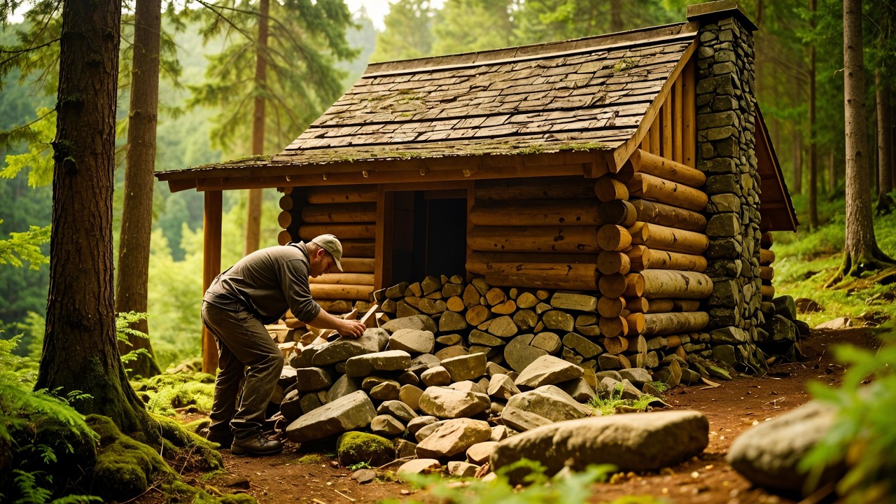Hidden and Warm House in the Forest Made of Logs and Stones