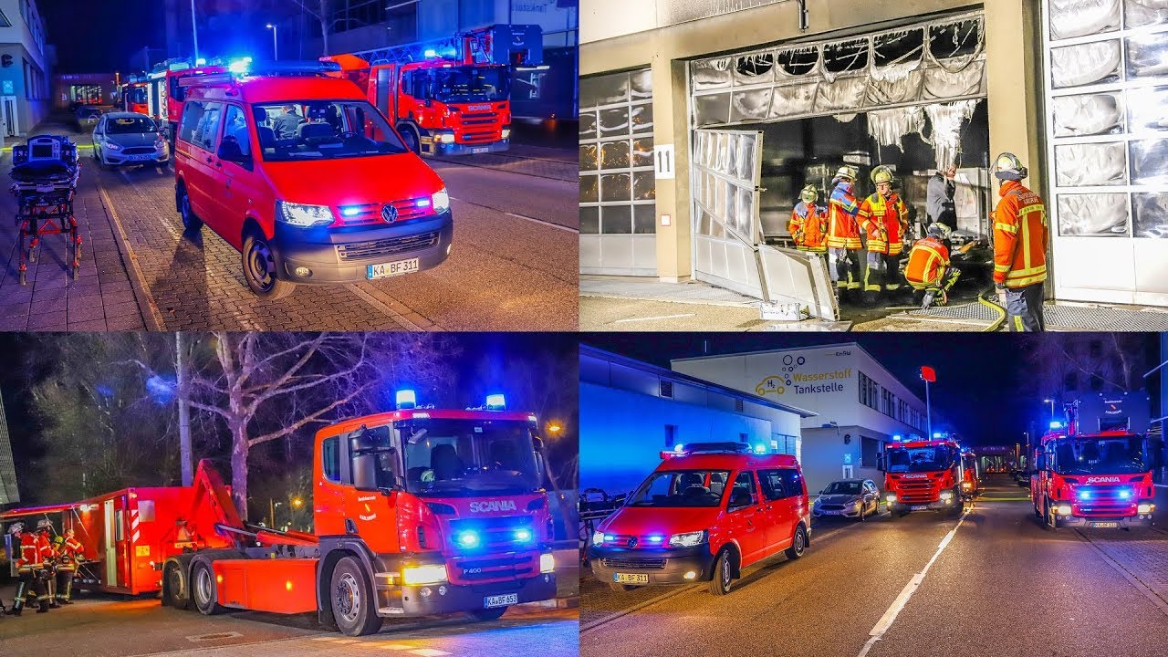 FEUER IN ENBW-WERKSTATT ++ FEUERWEHR KARLSRUHE im GROSSEINSATZ ++ HOHER SCHADEN | SCANIA & BLAULICHT