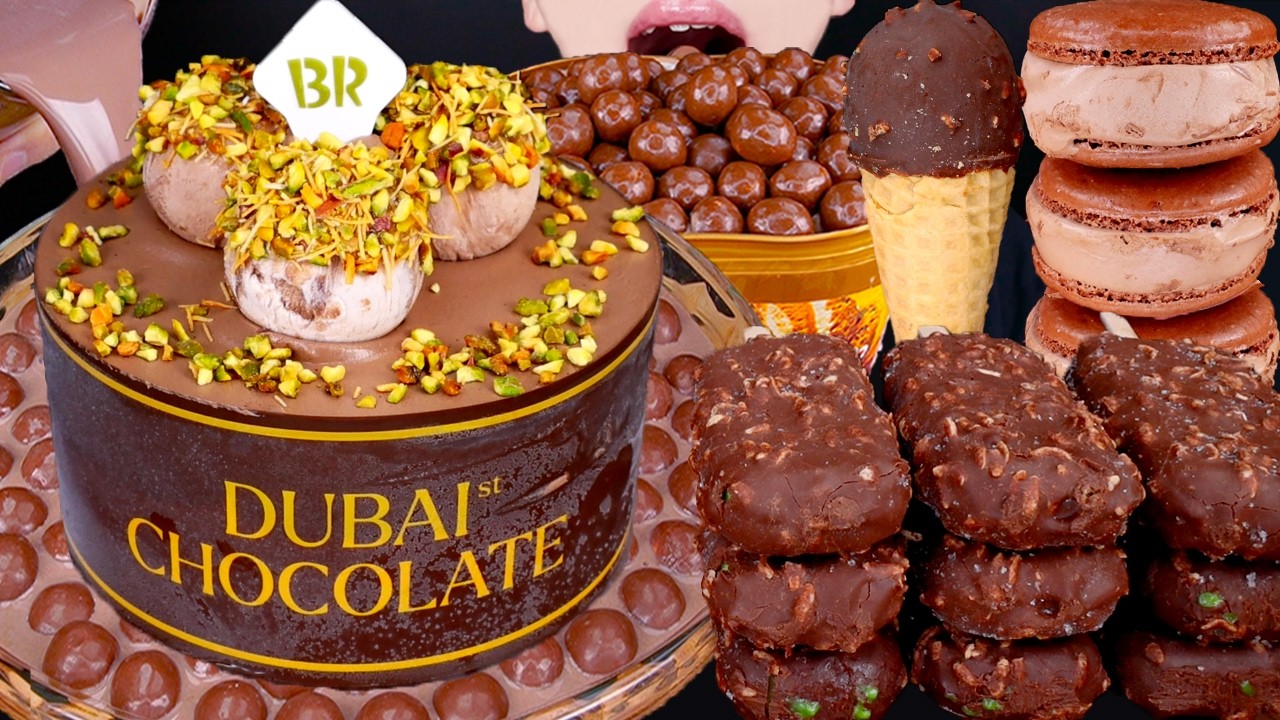 ASMR BASKIN ROBBINS DUBAI CHOCOLATE ICE CREAM CAKE DESSERT MUKBANG두바이초콜릿 먹방バイチョコレート 咀嚼音EATING SOUNDS