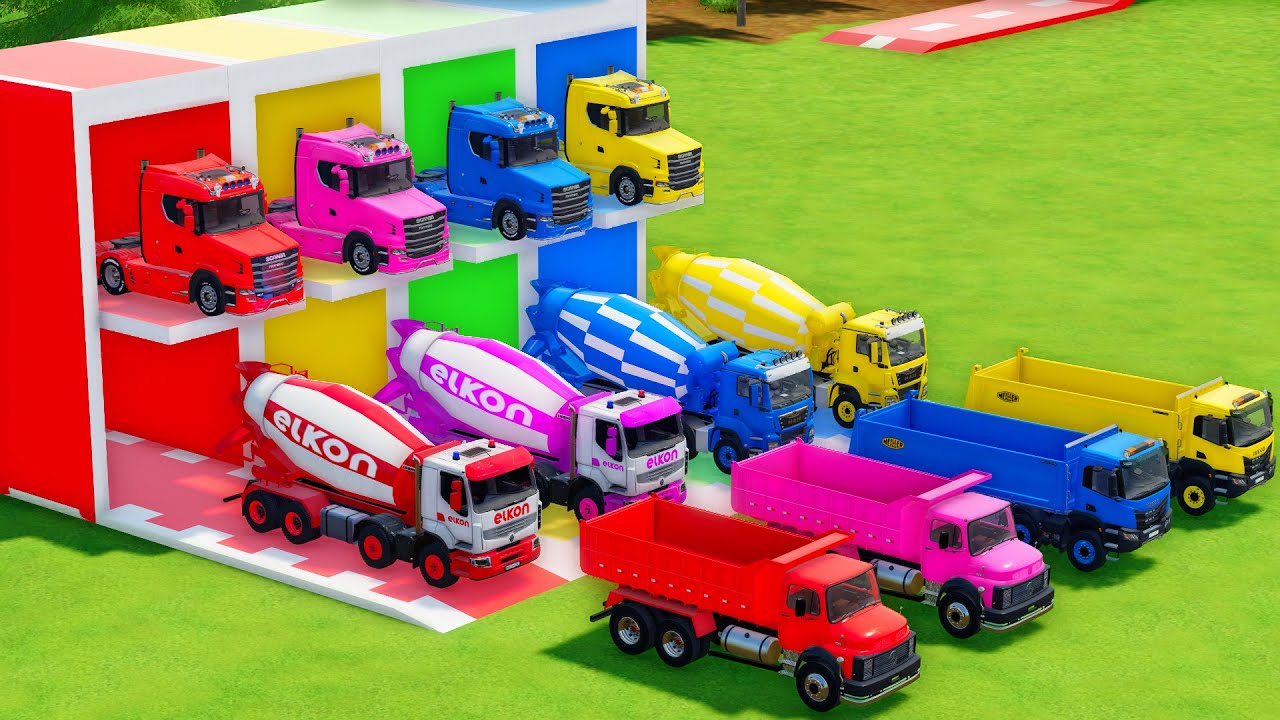 Garage with Colors - ALL MIXER TRUCK WITH DOUBLE FLATBED TRAILER TRUCK, RENAULT, MAN, MERCEDS, IVECO