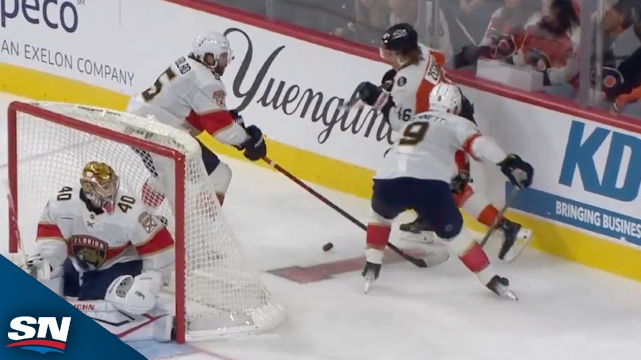Flyers' Zegras Evades Two Panthers Behind The Goal To Set Up Couturier