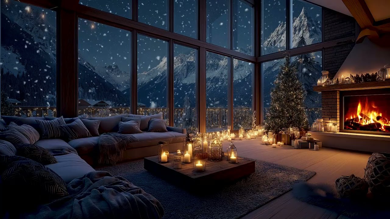 Magical Christmas Cabin Night – Relaxing Fireplace & Snow Sounds for Comfort
