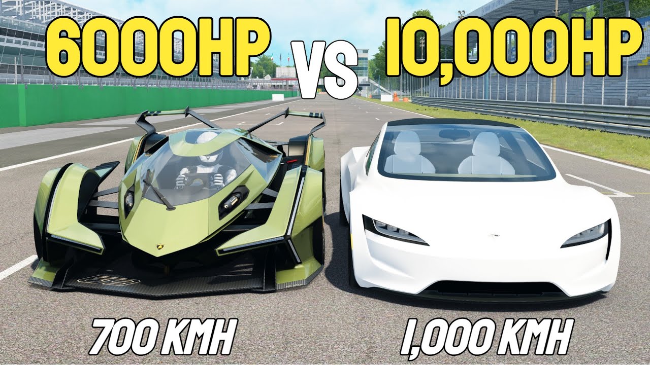 10,000HP Tesla Roadster VS 6000HP Lamborghini Vision GT RACE