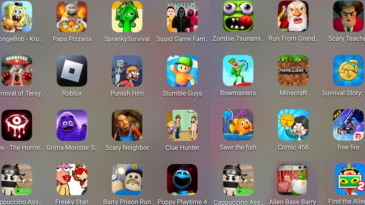 Roblox,Poppy Playtime 4,Run From Grandpa,Grimace Monster,Alien Barry Base,SpongeBob Krusty,Free Fire