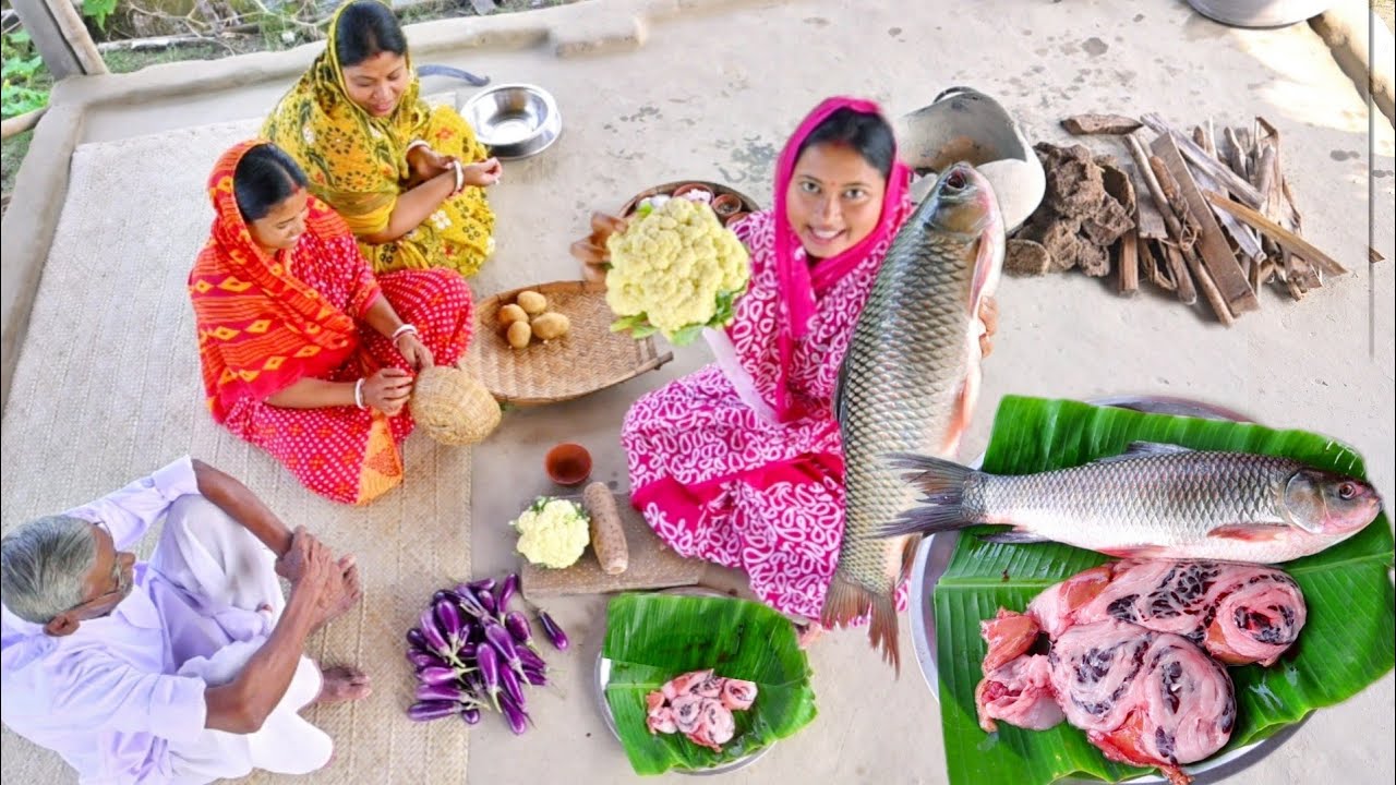 ফুলকপি দিয়ে রুইমাছের হালকা পাতলা ঝোল সাথে মাছের তেল দিয়ে ছোট বেগুন রান্না || fish curry recipe