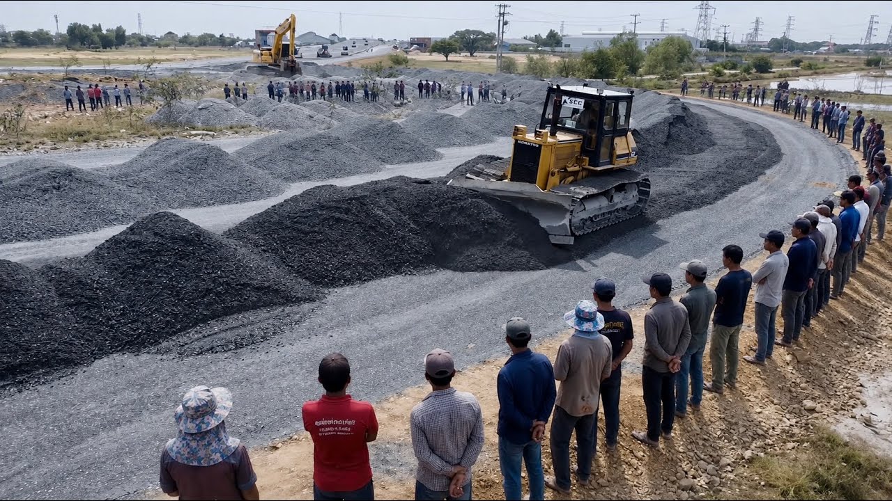 Strong Komatsu Dozer Clearing Gravel Coverage New High Way Road 